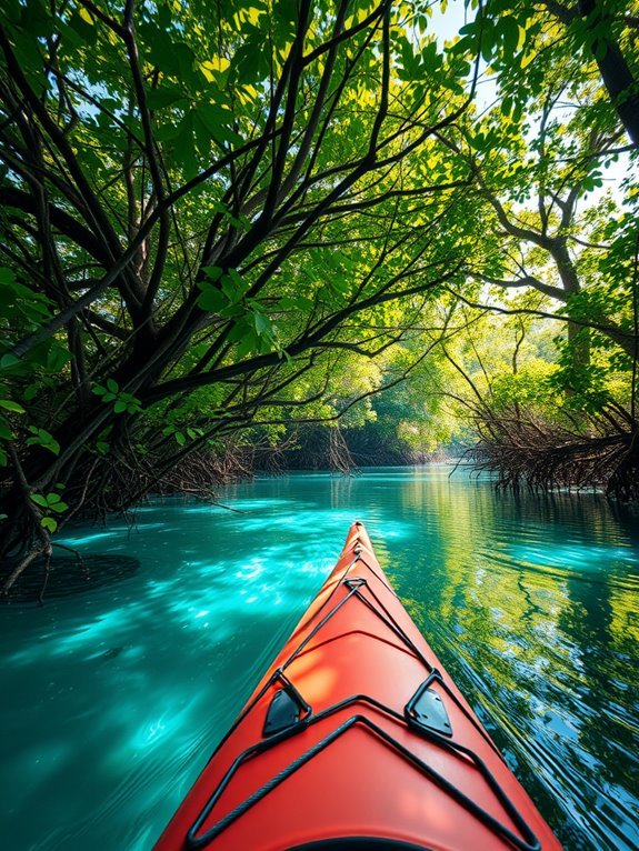 paddling amidst lush mangroves